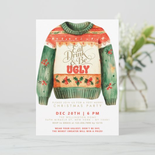 Eet Drink & Be Ugly Sweater Kerstfeest Kaart (Staand voorkant)
