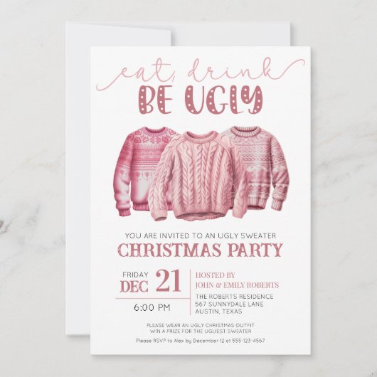 Eet Drink Be Ugly Sweater Roze Kerstfeest Kaart (Voorkant)