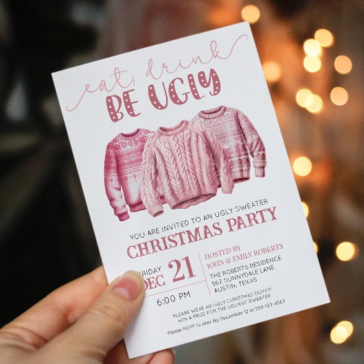 Eet Drink Be Ugly Sweater Roze Kerstfeest Kaart