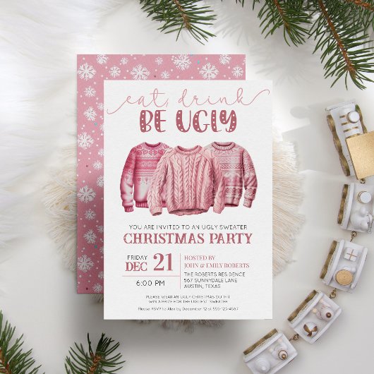 Eet Drink Be Ugly Sweater Roze Kerstfeest Kaart