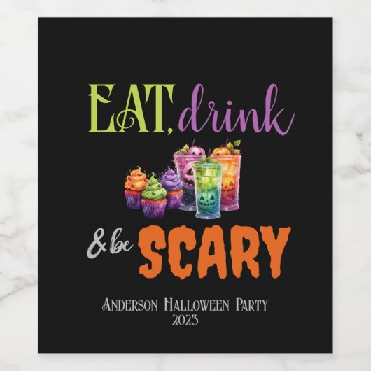 Eet, Drink & Ben Enge Halloween Party Neon Retro Wijn Etiket (Enkel label)