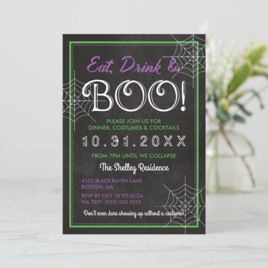 Eet Drink & Boo! | Chalkboard Halloween Party Kaart (Staand voorkant)
