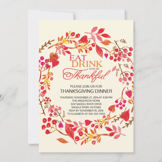 Eet Drink Dankbaar Krans Thanksgiving Uitnodiging (Voorkant)