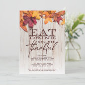 Eet Drink Dankbaar Rustiek Hout Bladeren Thanksgiv Kaart (Staand voorkant)