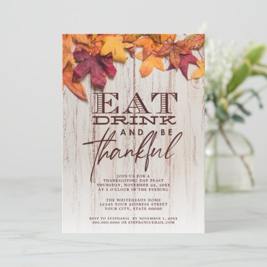 Eet Drink Dankbaar Rustiek Hout Bladeren Thanksgiv Kaart (Staand voorkant)