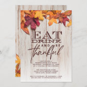Eet Drink Dankbaar Rustiek Houten Bladeren Thanksg Kaart (Voorkant / Achterkant)