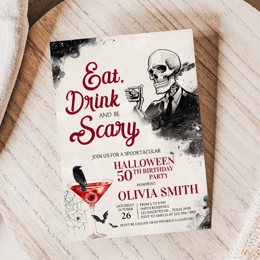 Eet Drink en angstaanjagend Halloween verjaardagsf Kaart
