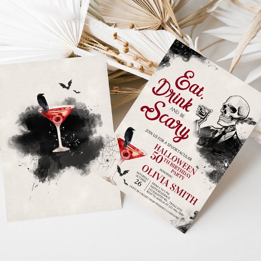 Eet Drink en angstaanjagend Halloween verjaardagsf Kaart