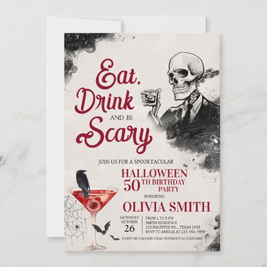 Eet Drink en angstaanjagend Halloween verjaardagsf Kaart (Voorkant)