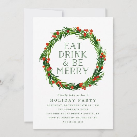 Eet Drink en Be Merry Wreath Holiday Party Kaart (Voorkant)