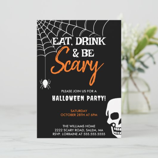 Eet Drink en Be Scary Halloween Party Zwart Kaart (Staand voorkant)