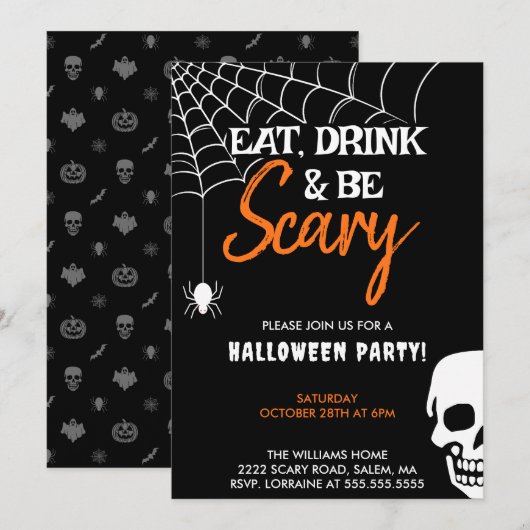 Eet Drink en Be Scary Halloween Party Zwart Kaart (Voorkant / Achterkant)