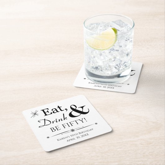 Eet Drink en ben 50 Throwback 50th Birthday Kartonnen Onderzetters (Insitu)