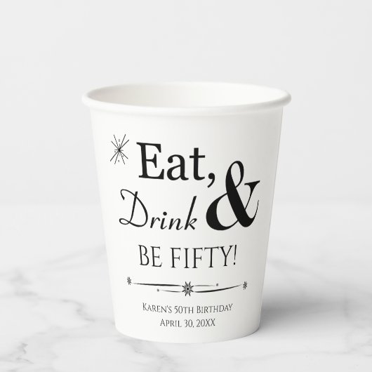 Eet Drink en ben 50 Throwback 50th Birthday Papieren Bekers (Achterkant)