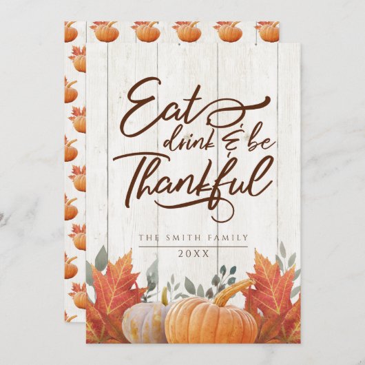 Eet, drink en ben dankbaar. Thankgiving diner Bedankkaart (Voorkant / Achterkant)