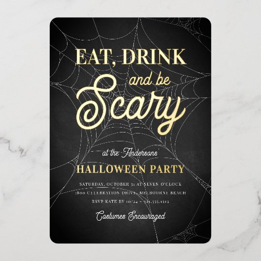 Eet, Drink en ben een enge halloween-partij Folie Uitnodiging (Voorkant)