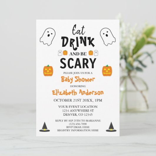Eet, Drink en ben eng Halloween Baby shower Kaart (Staand voorkant)