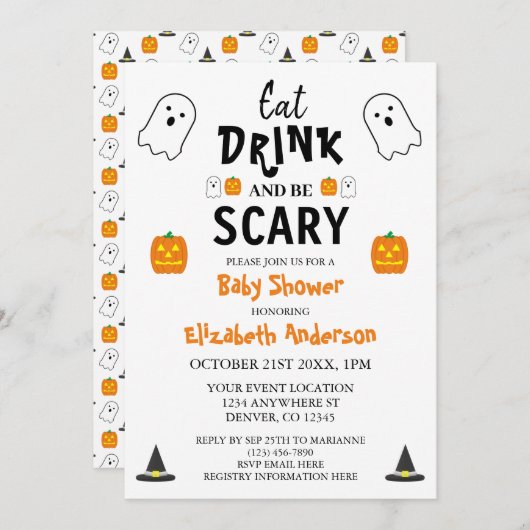 Eet, Drink en ben eng Halloween Baby shower Kaart (Voorkant / Achterkant)