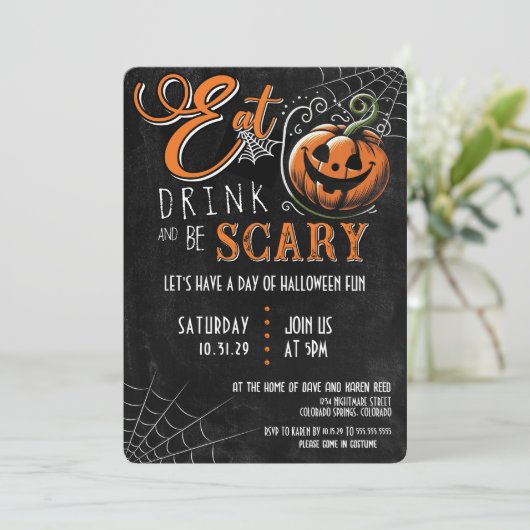 Eet, Drink en ben eng Halloween Partij Kaart (Staand voorkant)