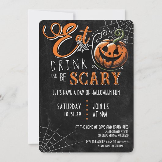 Eet, Drink en ben eng Halloween Partij Kaart (Voorkant)