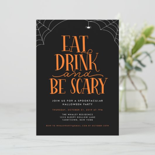 Eet, Drink en ben eng Halloween Partij Kaart (Staand voorkant)