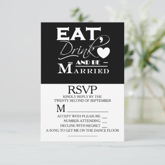 Eet Drink en ben getrouwd bruiloft RSVP (Staand voorkant)