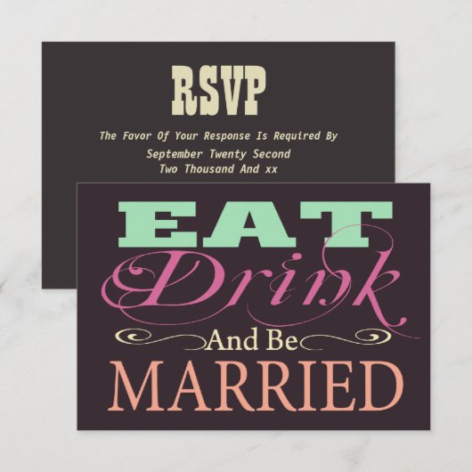 Eet Drink en ben getrouwd bruiloft RSVP Kaartje (Voorkant / Achterkant)