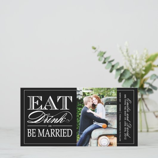 Eet, Drink en ben getrouwd Sparen de Datum uitnodi Save The Date (Staand voorkant)