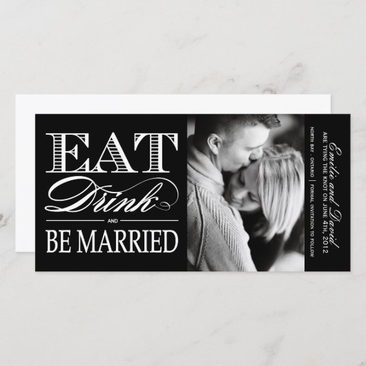 Eet, Drink en ben getrouwd Sparen de Datum uitnodi Save The Date (Voorkant / Achterkant)