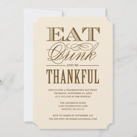 Eet Drink en ben Thankful Thanksgiving Dinner Kaart (Voorkant)