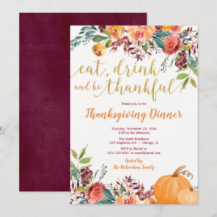 Eet Drink en ben Thankful Thanksgiving Dinner Kaart