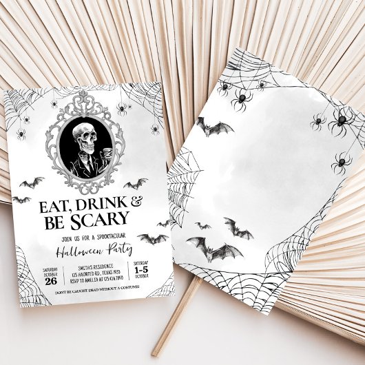 Eet Drink en enge gotische schedel Halloween Party Kaart