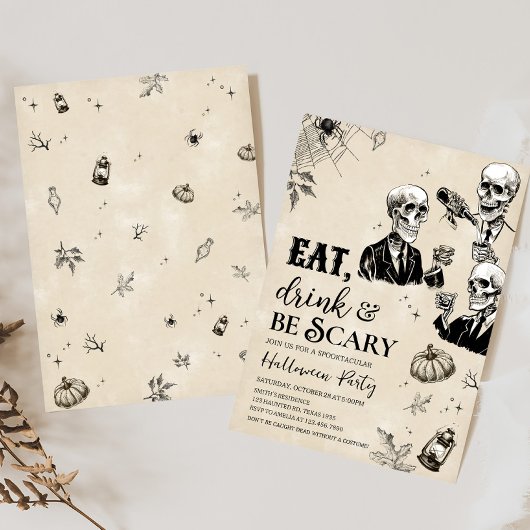 Eet Drink en enge schedel Halloween Party Kaart