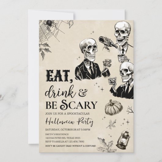 Eet Drink en enge schedel Halloween Party Kaart (Voorkant)