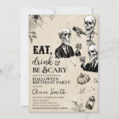 Eet Drink en enge schedel Halloween verjaardagsfee Kaart (Voorkant)