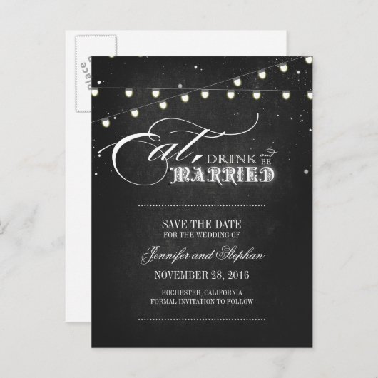 Eet drink en ga trouwen SAVE THE DATE briefkaarten (Voorkant / Achterkant)