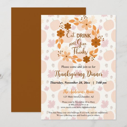 Eet Drink en geef Bedankt Floral Herfst Dinner Kaart (Voorkant / Achterkant)