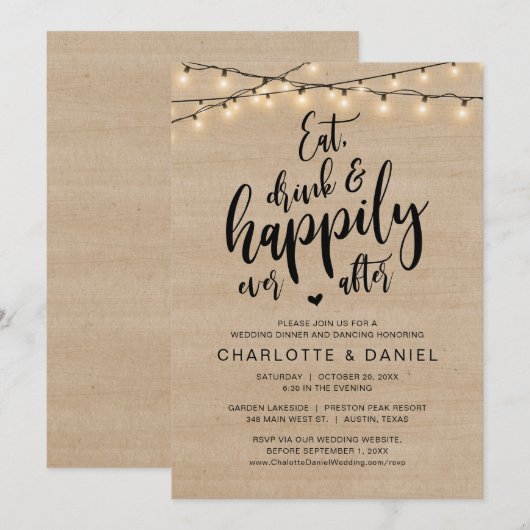 Eet, Drink en Gelukkig Ever Na, Huwelijksdiner Kaart (Voorkant / Achterkant)