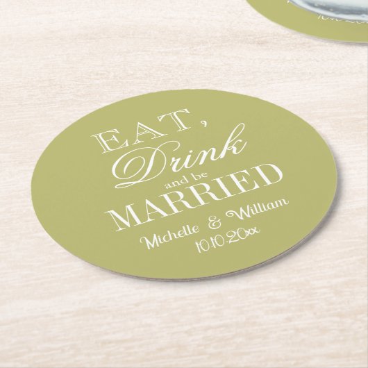 Eet drink en getrouwd zijn olijfgroene bruiloft ronde kartonnen onderzetter (Gebogen)