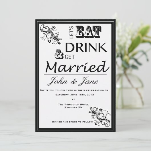 Eet, Drink en haal huwelijksuitnodiging Kaart (Staand voorkant)