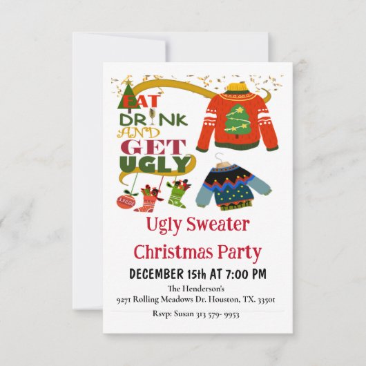Eet Drink en krijg lelijke kerstfeestuitnodiging Kaart (Voorkant)