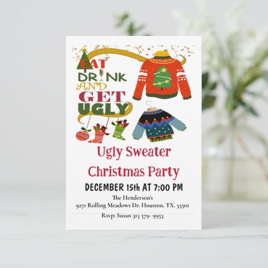 Eet Drink en krijg lelijke kerstfeestuitnodiging Kaart (Staand voorkant)