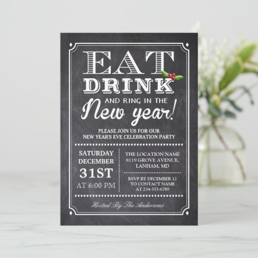 Eet Drink en Ring in de Nieuwe Jaren Eve Partij Kaart (Staand voorkant)