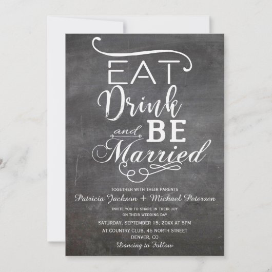 Eet drink en trouwen krijtbord rustieke bruiloft kaart (Voorkant)