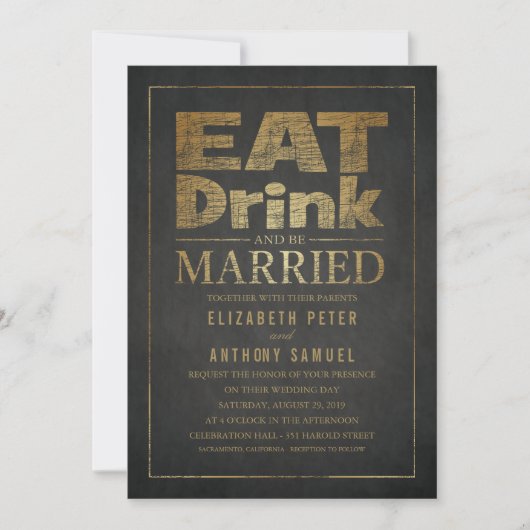 Eet Drink en trouwen Unieke Gold Look Wedding Kaart (Voorkant)
