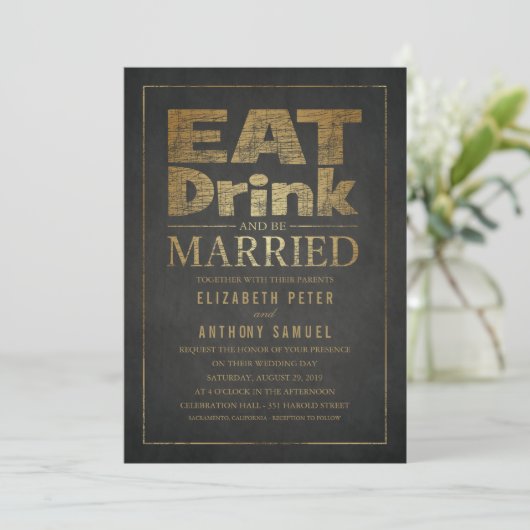 Eet Drink en trouwen Unieke Gold Look Wedding Kaart (Staand voorkant)