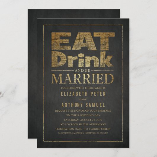 Eet Drink en trouwen Unieke Gold Look Wedding Kaart (Voorkant / Achterkant)