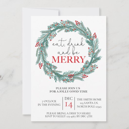 Eet, Drink en Vier Kerstfeest Potluck Feestdagenkaart (Voorkant)