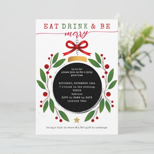 Eet, Drink en Vier Kerstfeest Potluck-feestje Kaart (Staand voorkant)