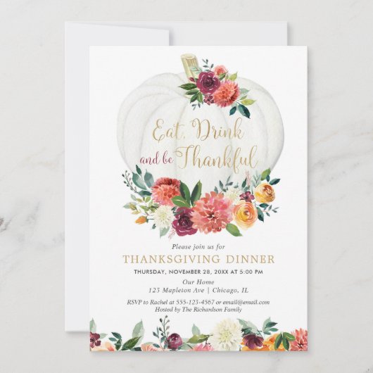 Eet Drink en wees dankbaar Floral Thanksgiving Kaart (Voorkant)